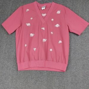 BONWORTH WOMENS PINK FLORAL APPLIQUE EMBELLISHED SHORT SLEEVE VNECK TOP SIZE S